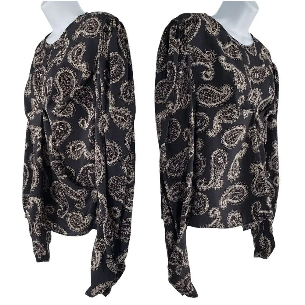 Zara Paisley Puff Sleeve Blouse Long Sleeve Boho Retro 70s Office Gray Womens XL